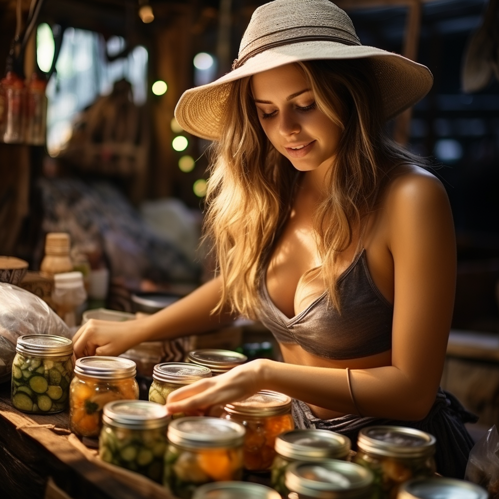 jeremym39_woman_icanning_preserves_realisti harvest basket full of vegetables